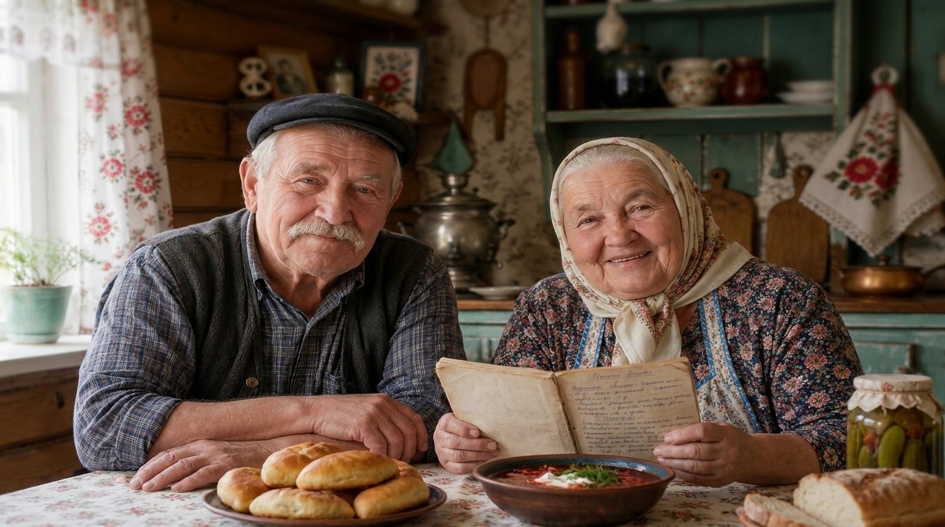 Михалыч и Нюра за кухонным столом с тетрадью рецептов, пирожками и борщом